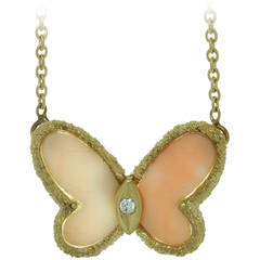 Vintage Van Cleef & Arpels Flying Beauties Coral Diamond Gold Butterfly Necklace