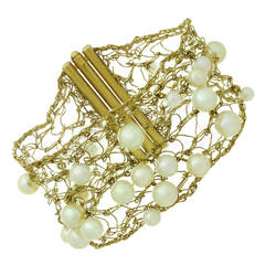 Cultured Pearl Gold Mesh Bracelet
