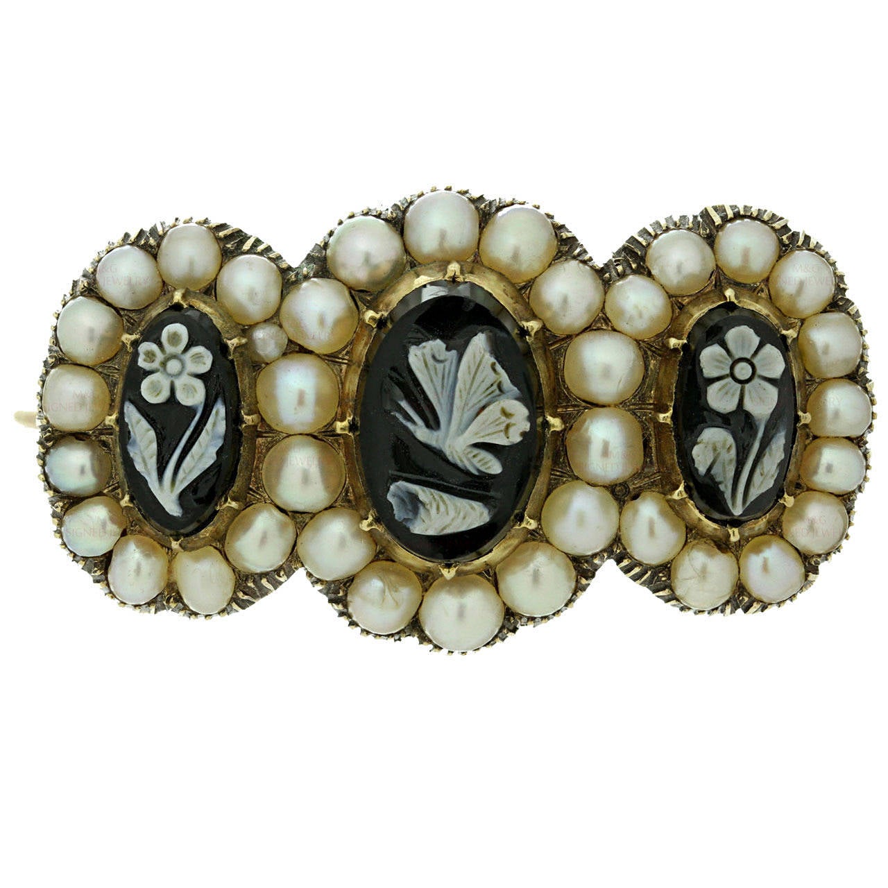 Circa 1855 Black Agate Pearl Gold Cameo Butterfly Flower Brooch