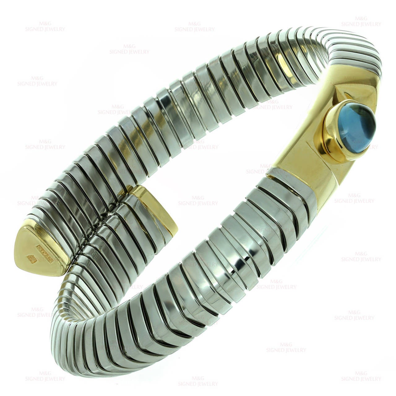 Women's 1990s Bulgari Blue Topaz Steel Gold Tubogas Bracelet