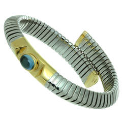 1990s Bulgari Blue Topaz Steel Gold Tubogas Bracelet