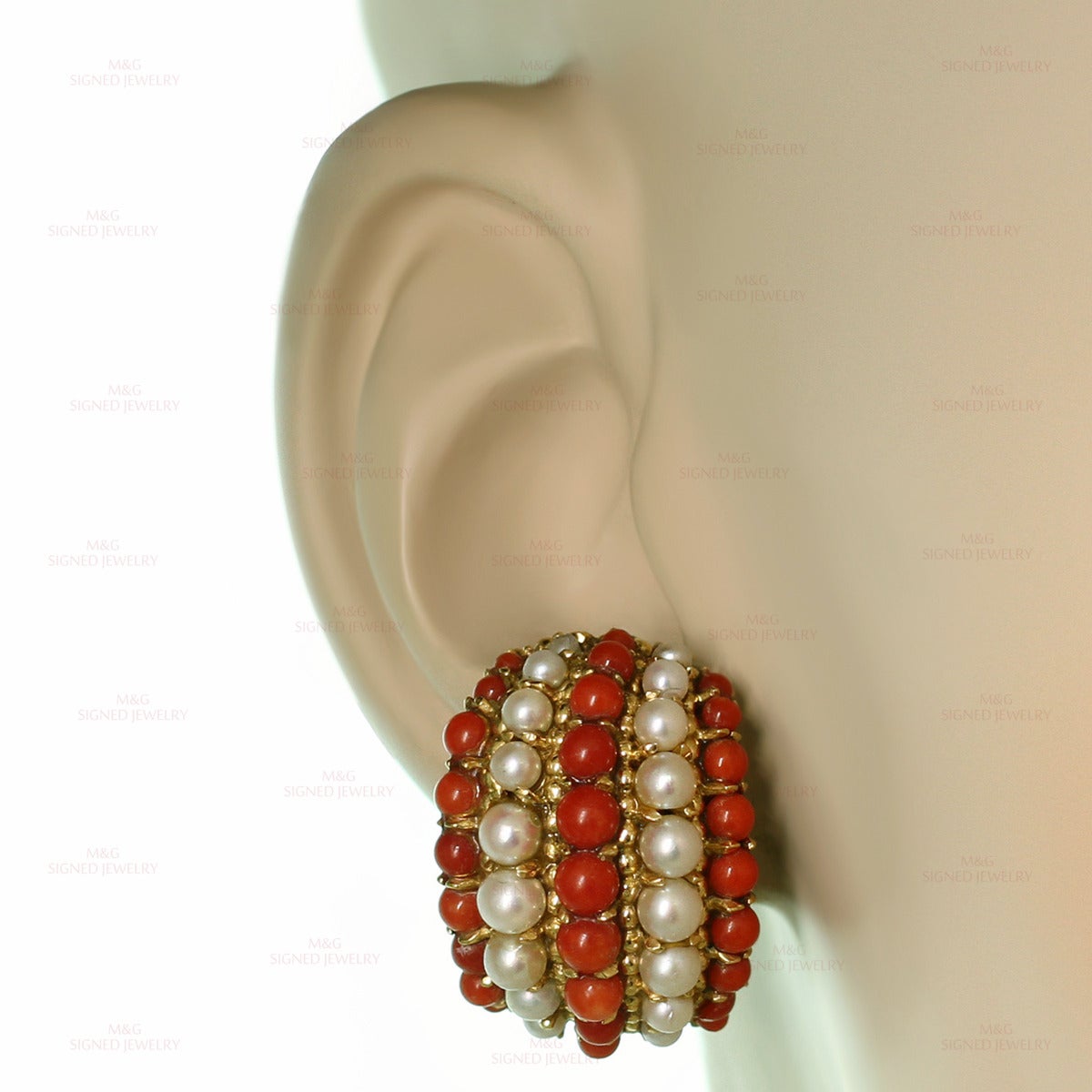 1960s VAN CLEEF & ARPELS Twist Red Coral Cultured Pearl Bracelet Earrings Set 1