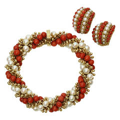 1960s VAN CLEEF & ARPELS Twist Red Coral Cultured Pearl Bracelet Earrings Set