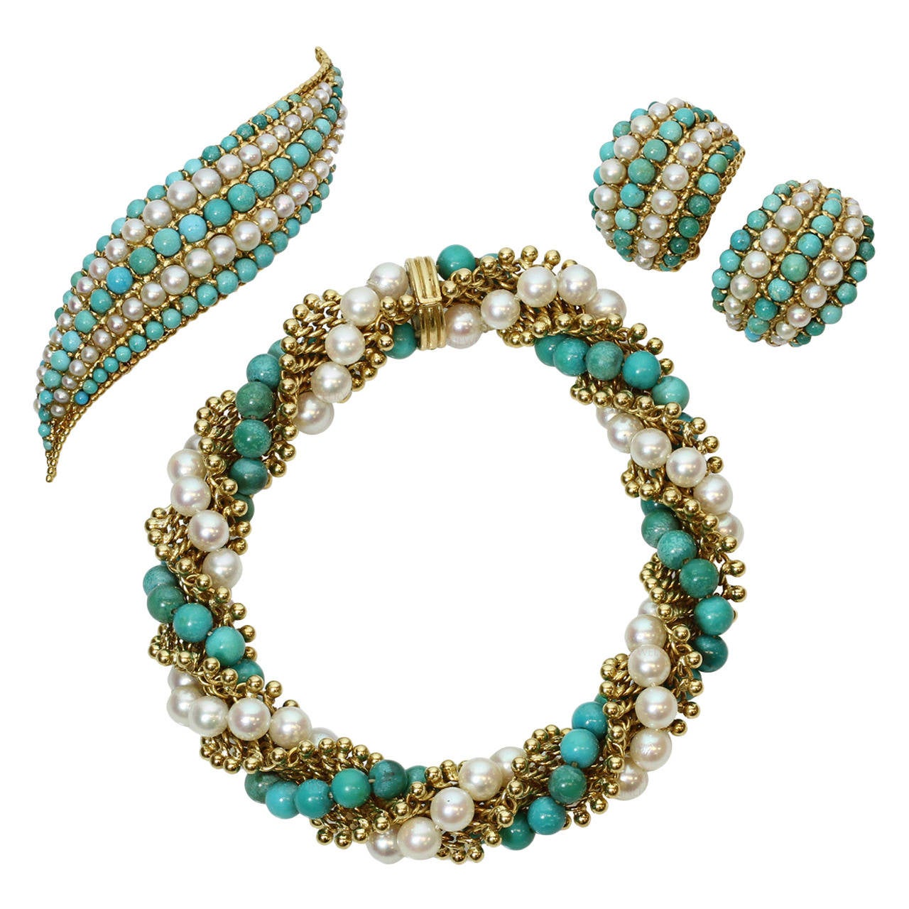 1960s Van Cleef And Arpels Twist Turquoise Pearl Bracelet Earrings 1960s Van Cleef Arpels Twist Turquoise Pearl Bracelet Earrings Brooch Set For