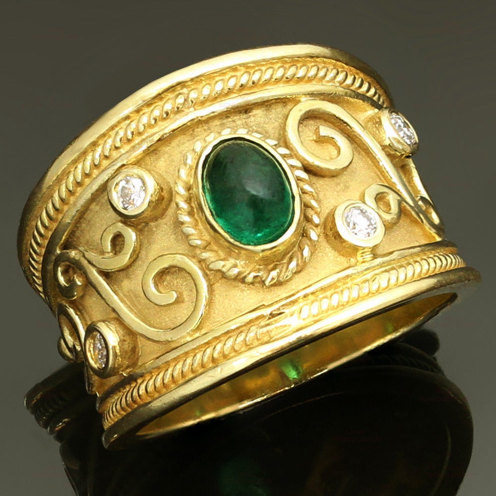 1980s Byzantine Emerald Diamond Yellow Gold Wide Band Ring 3