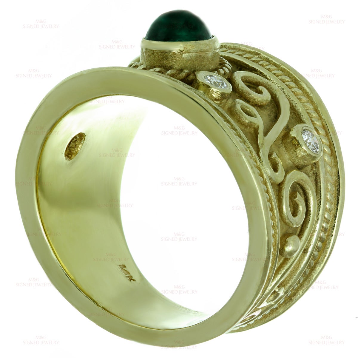 Women's 1980s Byzantine Emerald Diamond Yellow Gold Wide Band Ring