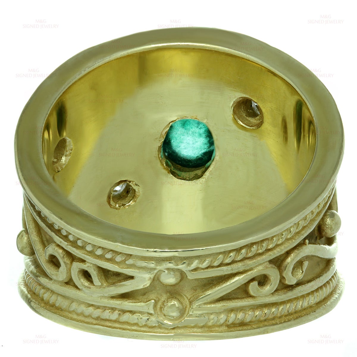 1980s Byzantine Emerald Diamond Yellow Gold Wide Band Ring 1