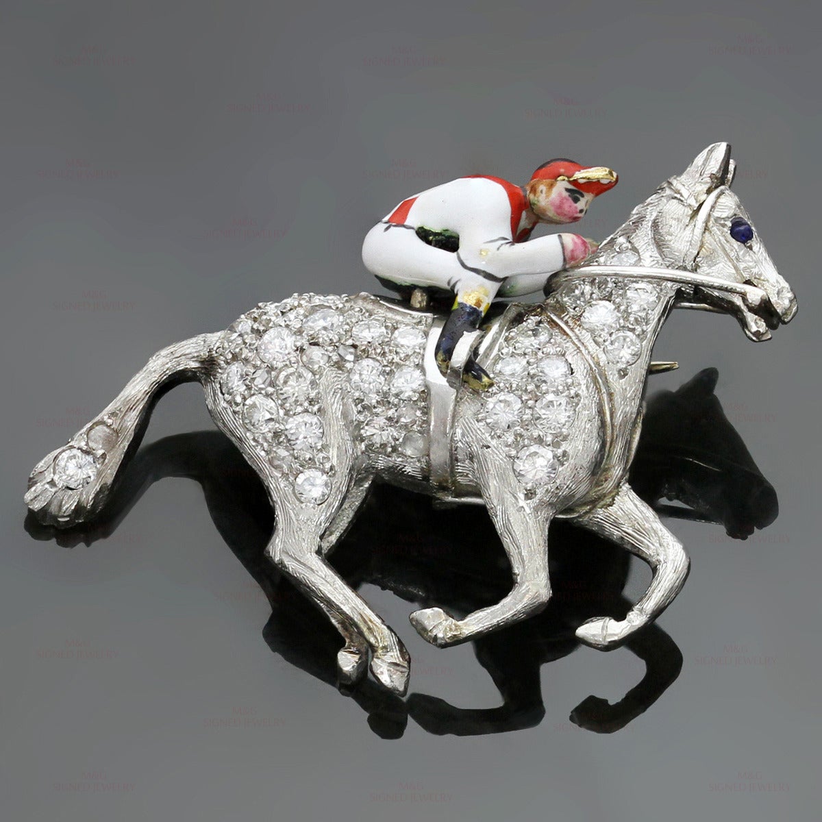 1930s Cartier Rare Art Deco Diamond Enamel Platinum Horse and Jockey Brooch 1