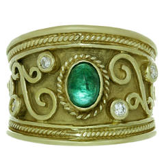 1980s Byzantine Emerald Diamond Yellow Gold Wide Band Ring