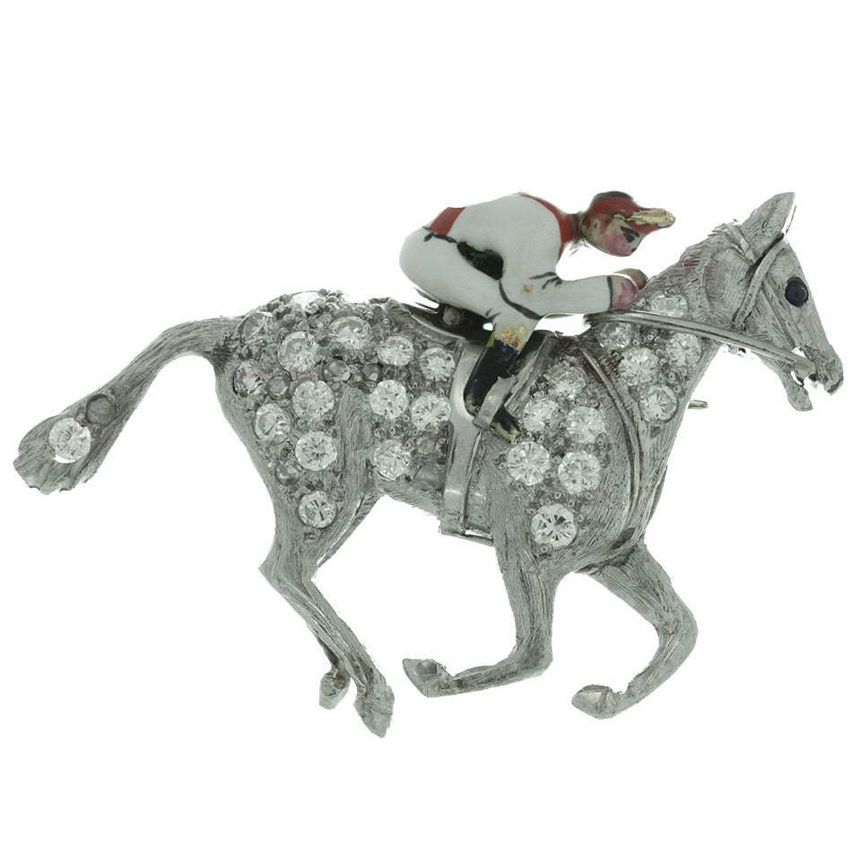 1930s Cartier Rare Art Deco Diamond Enamel Platinum Horse and Jockey Brooch 1