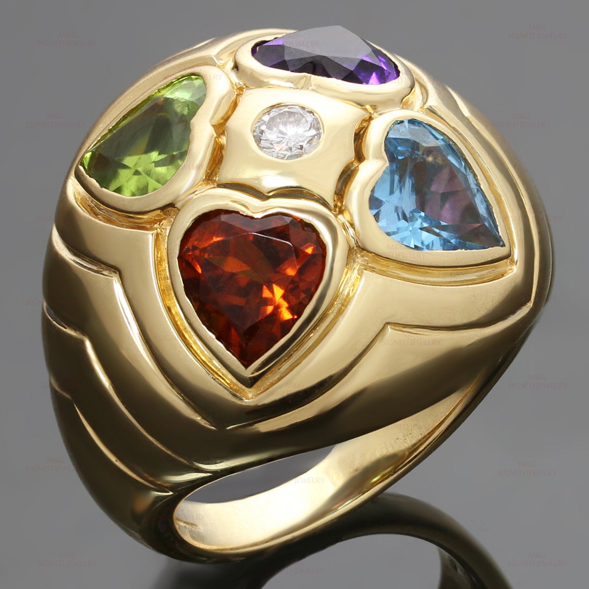 1990s Bulgari Multicolor Heart-Shaped Gemstone Diamond Gold Ring 2