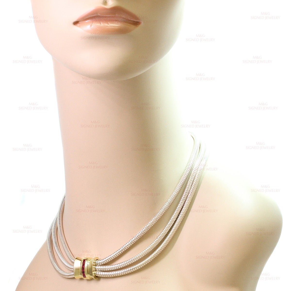 1990s Tiffany & Co. Ruby Silver Gold Three Row Snake Bracelet and Necklace Set 2