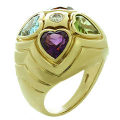 1990s Bulgari Multicolor Heart-Shaped Gemstone Diamond Gold Ring