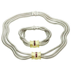 1990s Tiffany & Co. Ruby Silver Gold Three Row Snake Bracelet and Necklace Set