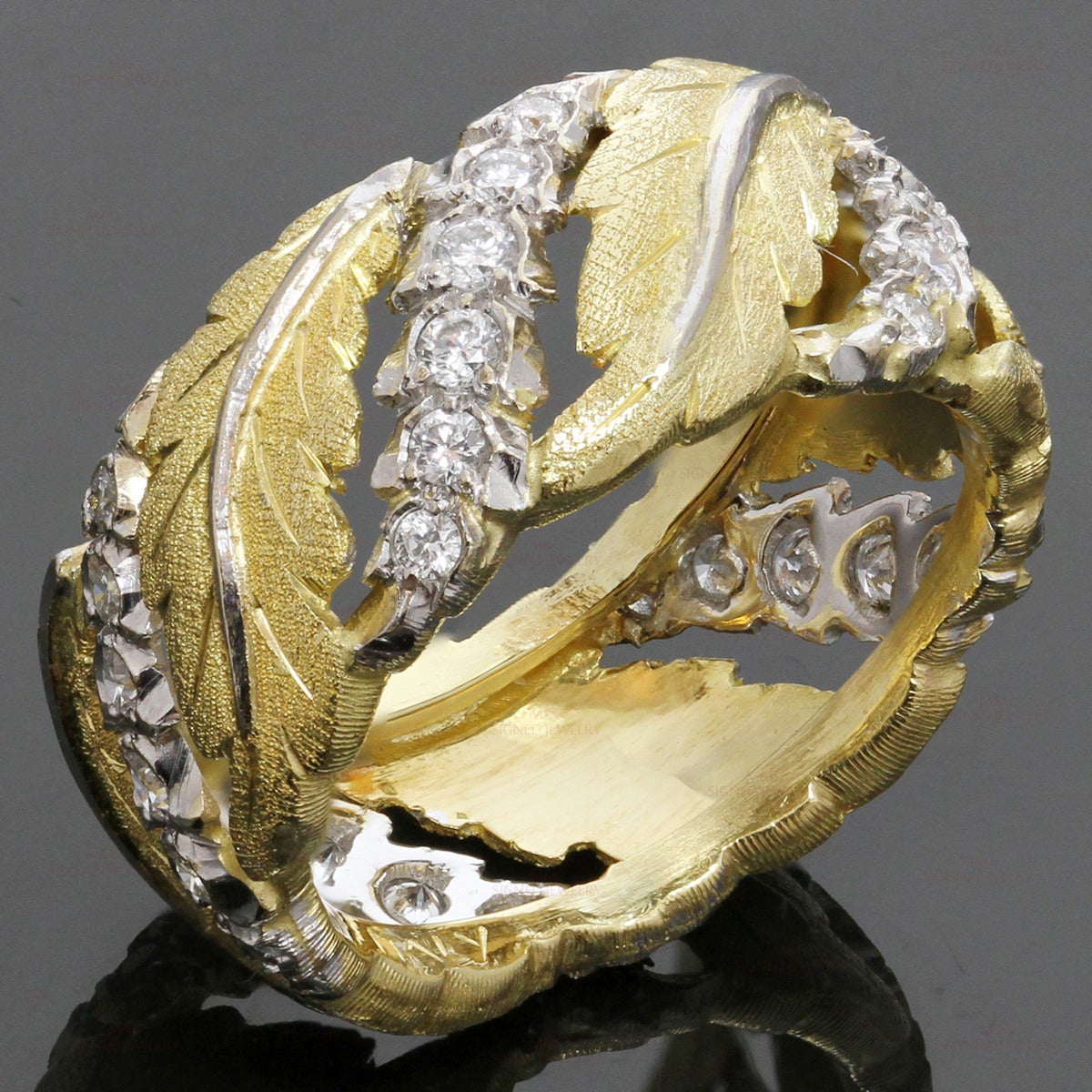 1990s Mario Buccellati Diamond Two-Tone Gold Leaf Filigree Band Ring 2