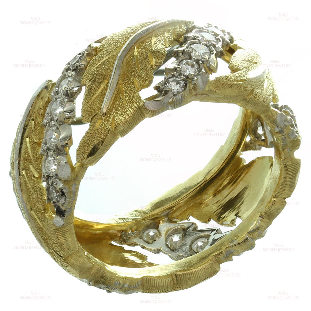1990s Mario Buccellati Diamond Two-Tone Gold Leaf Filigree Band Ring 1