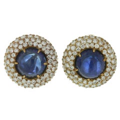 Vintage 1980s Harry Winston Exquisite Blue Sapphire Diamond Gold Dome Earrings