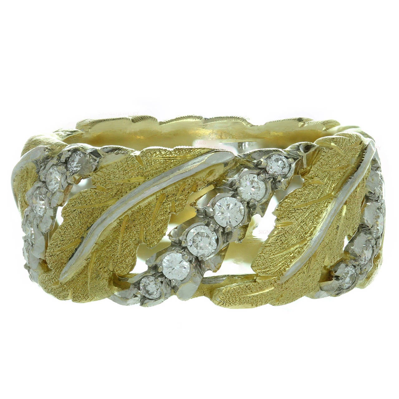 1990s Mario Buccellati Diamond Two-Tone Gold Leaf Filigree Band Ring