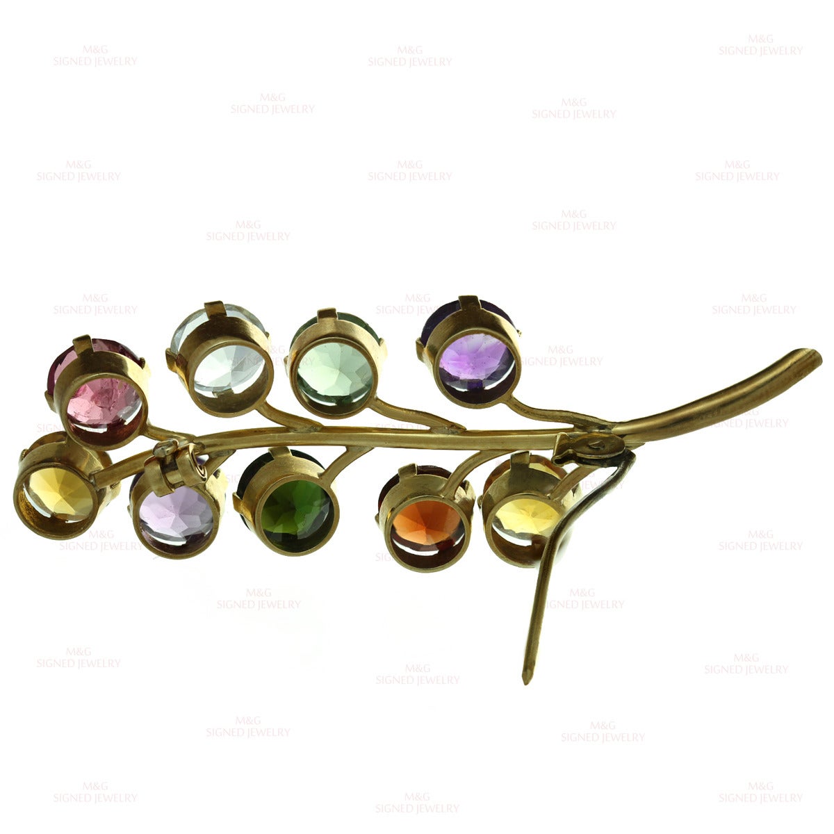 1980s Genuine Multicolor Gemstone Gold Floral Brooch In Good Condition For Sale In New York, NY