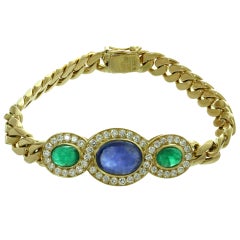 1980s Bulgari Fabulous Sapphire Emerald Diamond Gold Link Bracelet