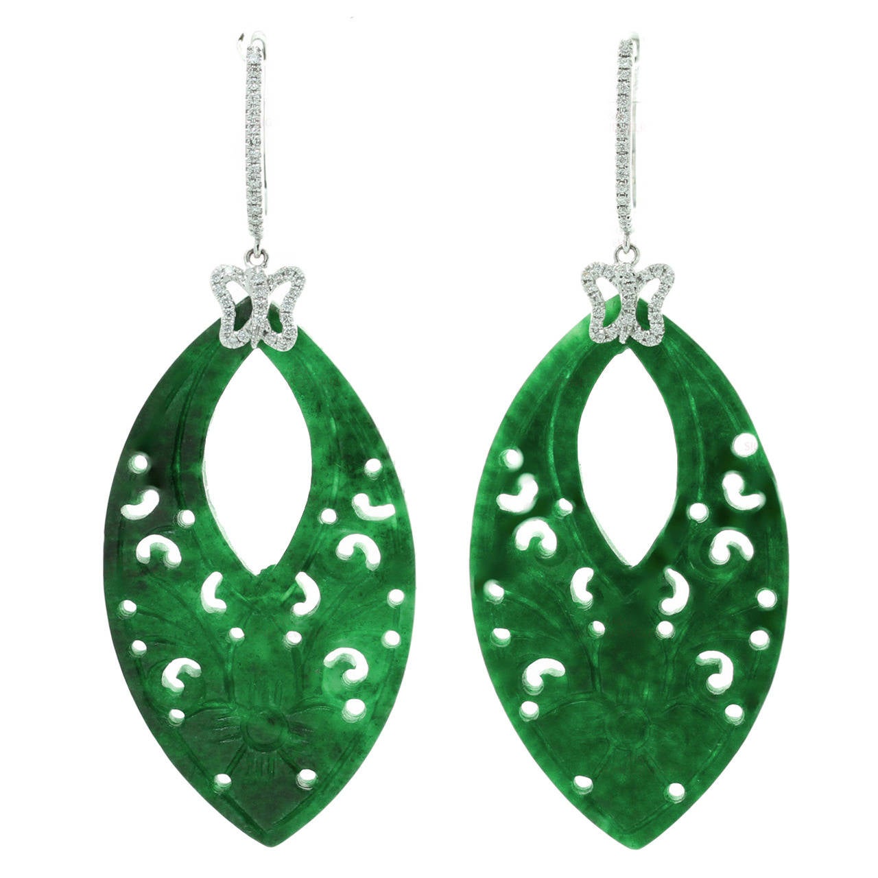 1990s Carved Green Jade Diamond Gold Pendant Earrings