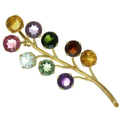 Vintage 1980s Genuine Multicolor Gemstone Gold Floral Brooch