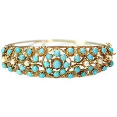 Vintage 1940s Persian Turquoise Pearl Gold Bangle Bracelet