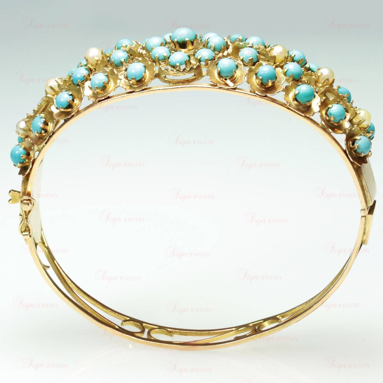 Retro 1940s Persian Turquoise Pearl Gold Bangle Bracelet