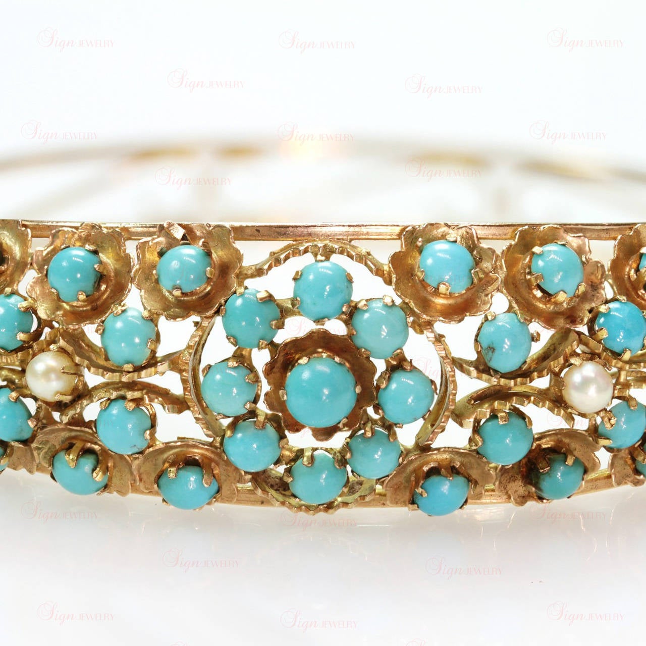 1940s Persian Turquoise Pearl Gold Bangle Bracelet 1