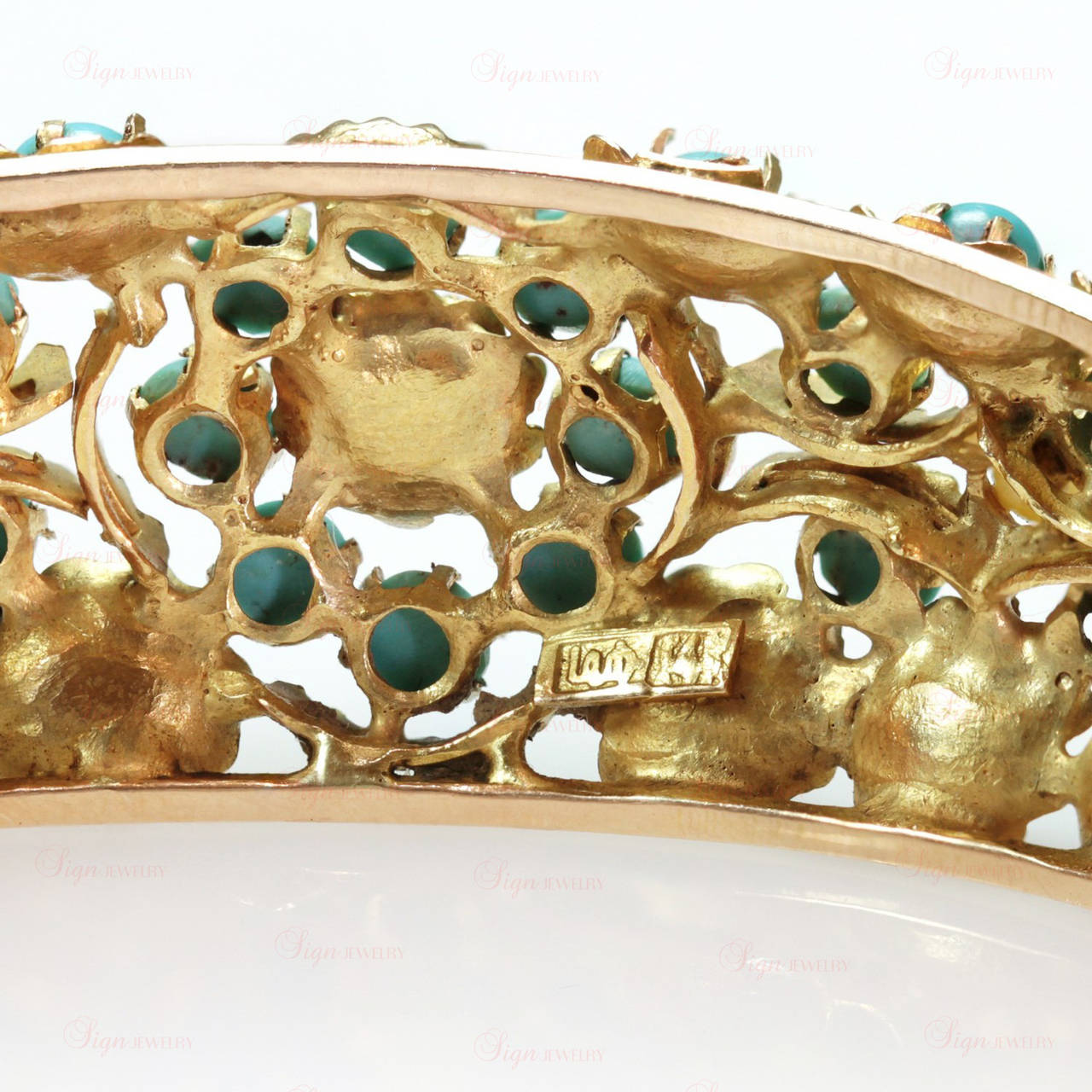 Women's 1940s Persian Turquoise Pearl Gold Bangle Bracelet