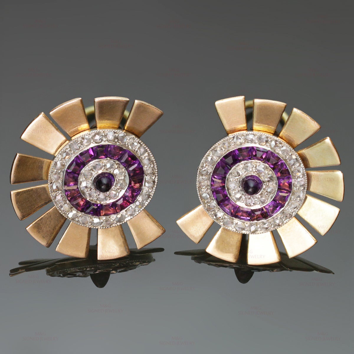 Circa 1940s, these stunning vintage earrings feature bullet and tapered baguette-cut amethyst stones - 3.10 carats - channel-set in platinum-topped 14k rose gold and enhanced by 1.90 carats of sparkling rose-cut diamonds. Completed by post and omega