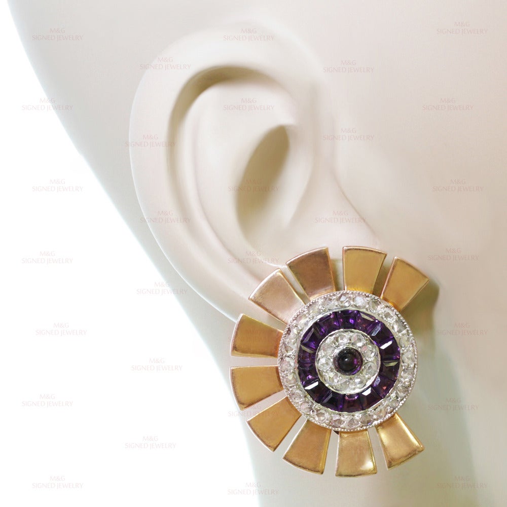 1940s Diamond Amethyst Platinum-Topped Rose Gold Earrings In Good Condition In New York, NY