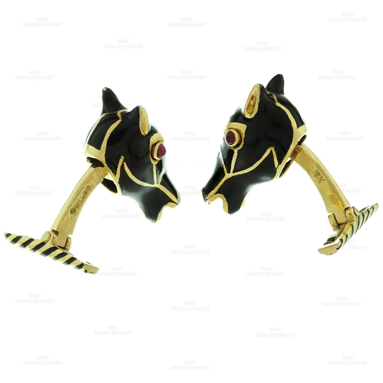 David Webb Enamel Ruby Gold Horse Head Cufflinks In Excellent Condition In New York, NY