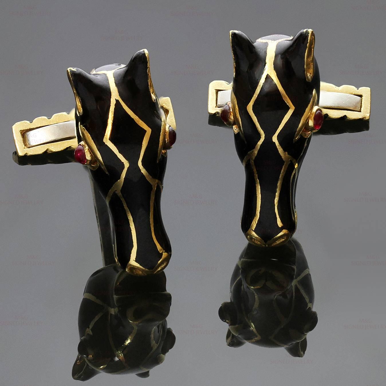 These elegant David Webb cufflinks are made in 18k yellow gold and feature handsome black enamel horse heads accented with round ruby eyes. Made in United States circa 1980s. Measurements: 24mm x 29mm links, 15x21mm. 