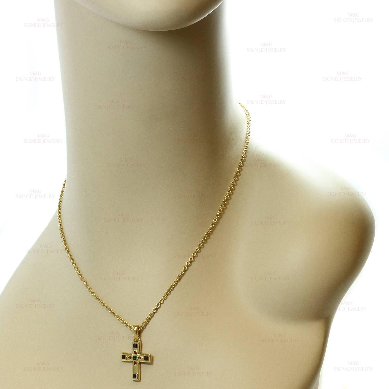 Cartier Byzantine Multicolor Gemstone Gold Cross Pendant Necklace In Excellent Condition In New York, NY