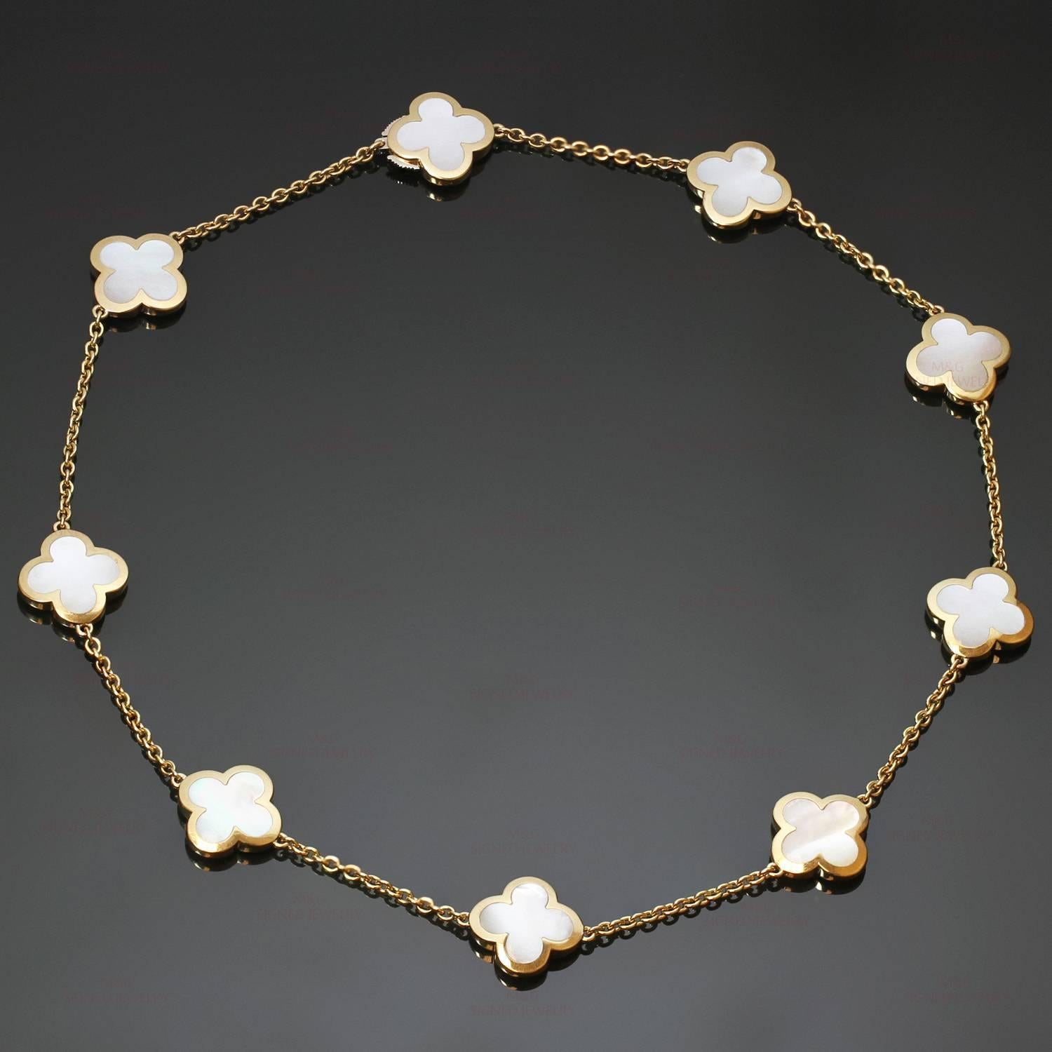 This classic Van Cleef & Arpels necklace from the Pure Alhambra collection is crafted in 18k yellow gold and features 9 lucky clover motifs beautifully inlaid with mother-of-pearl. Made in France circa 2000s. Measurements: 0.62