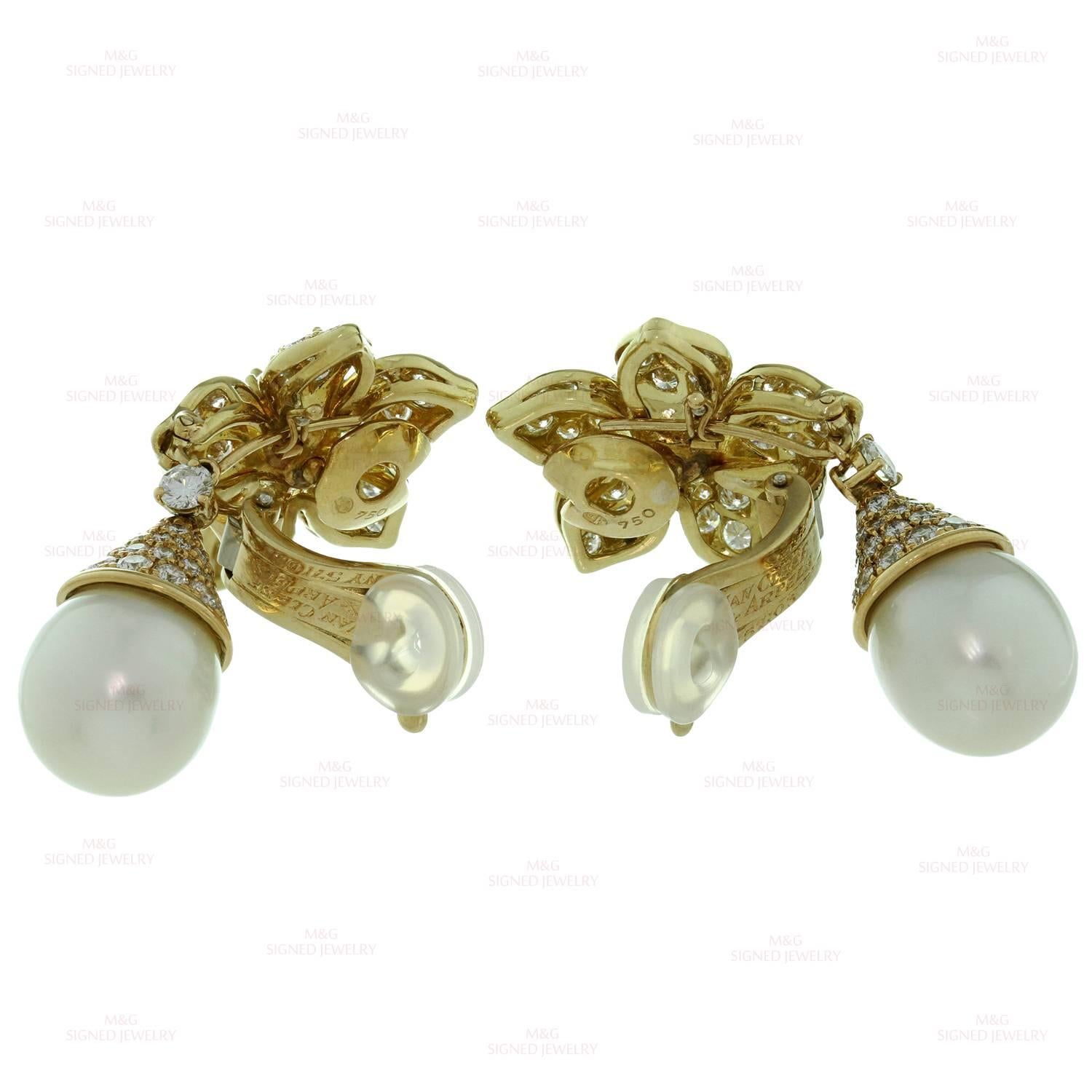Women's Van Cleef & Arpels Pearl Diamond Gold Clip-On Flower Earrings