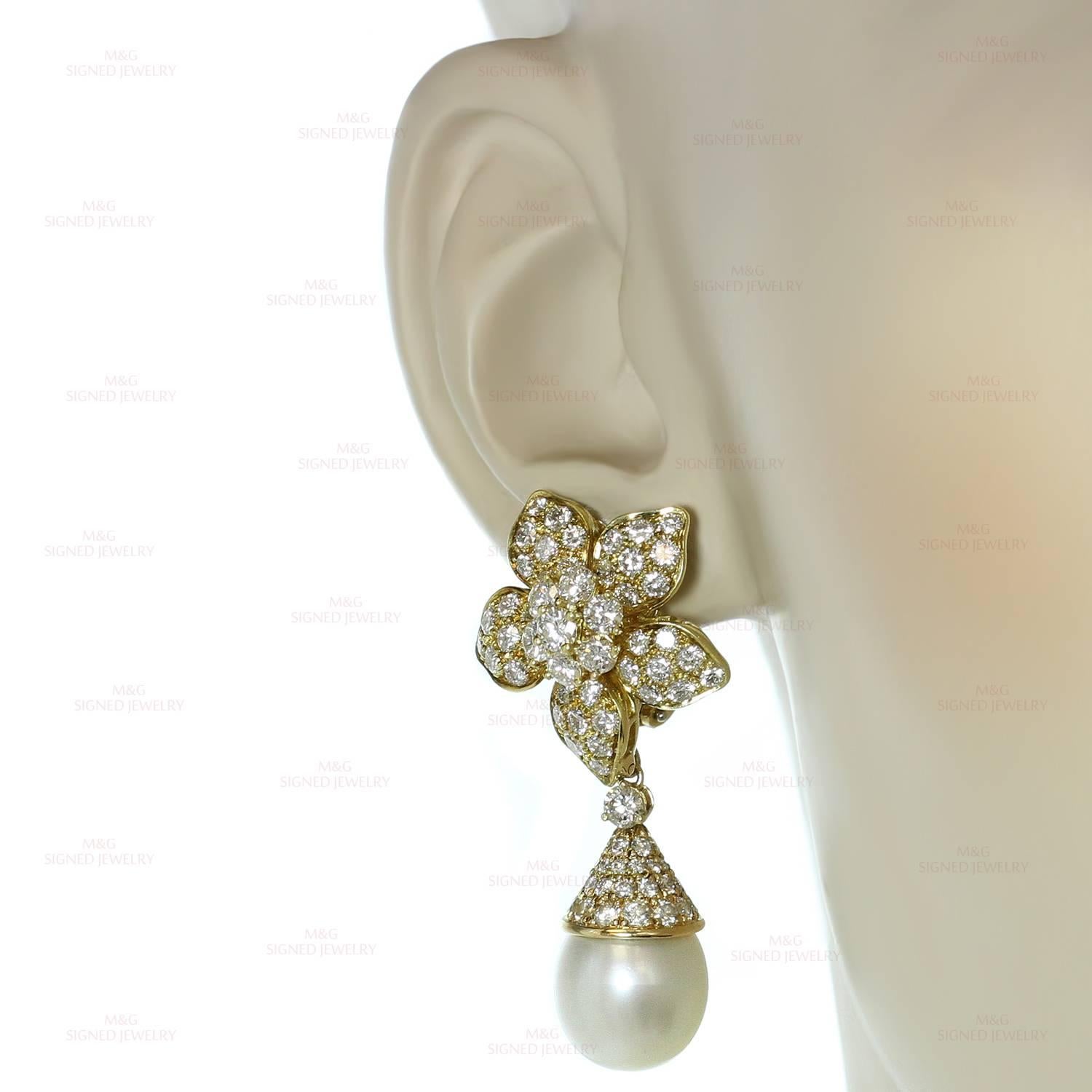 Van Cleef & Arpels Pearl Diamond Gold Clip-On Flower Earrings 1