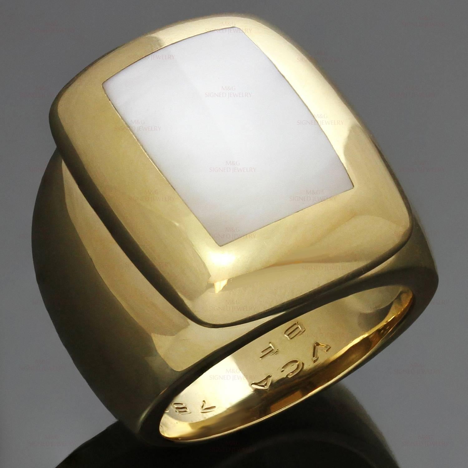This chic Van Cleef & Arpels ring from the chic Babylon collection is crafted in 18k yellow gold and beautifully inlaid with mother-of-pearl. Made in France circa 2000s. Measurements: 0.86