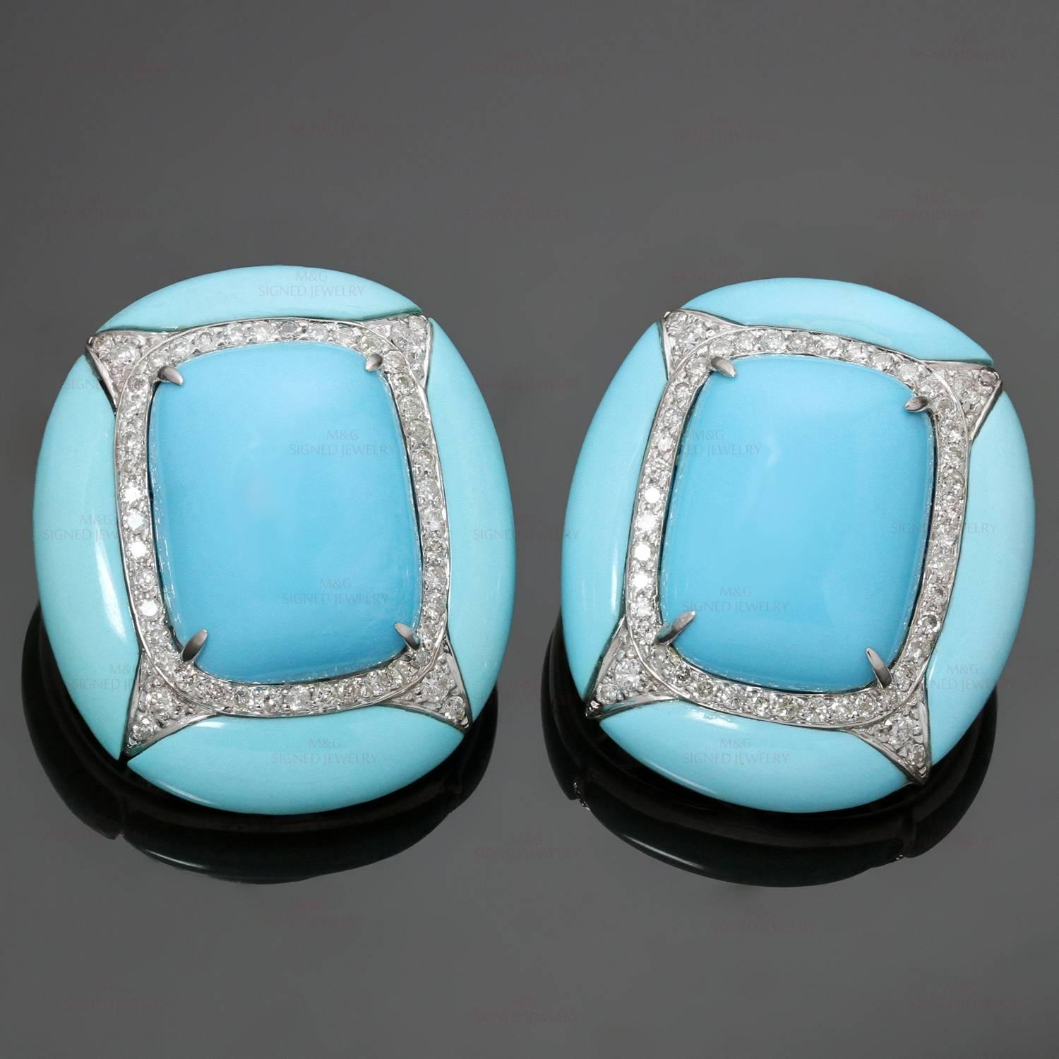 These fabulous clip-on earrings are crafted in 18k white gold and set with pressed turquoise stones and round brilliant-cut diamonds of an estimated 1.0 carat. Made in United States. Measurements: 0.90" (23mm) width, 1.02" (26mm) length. 