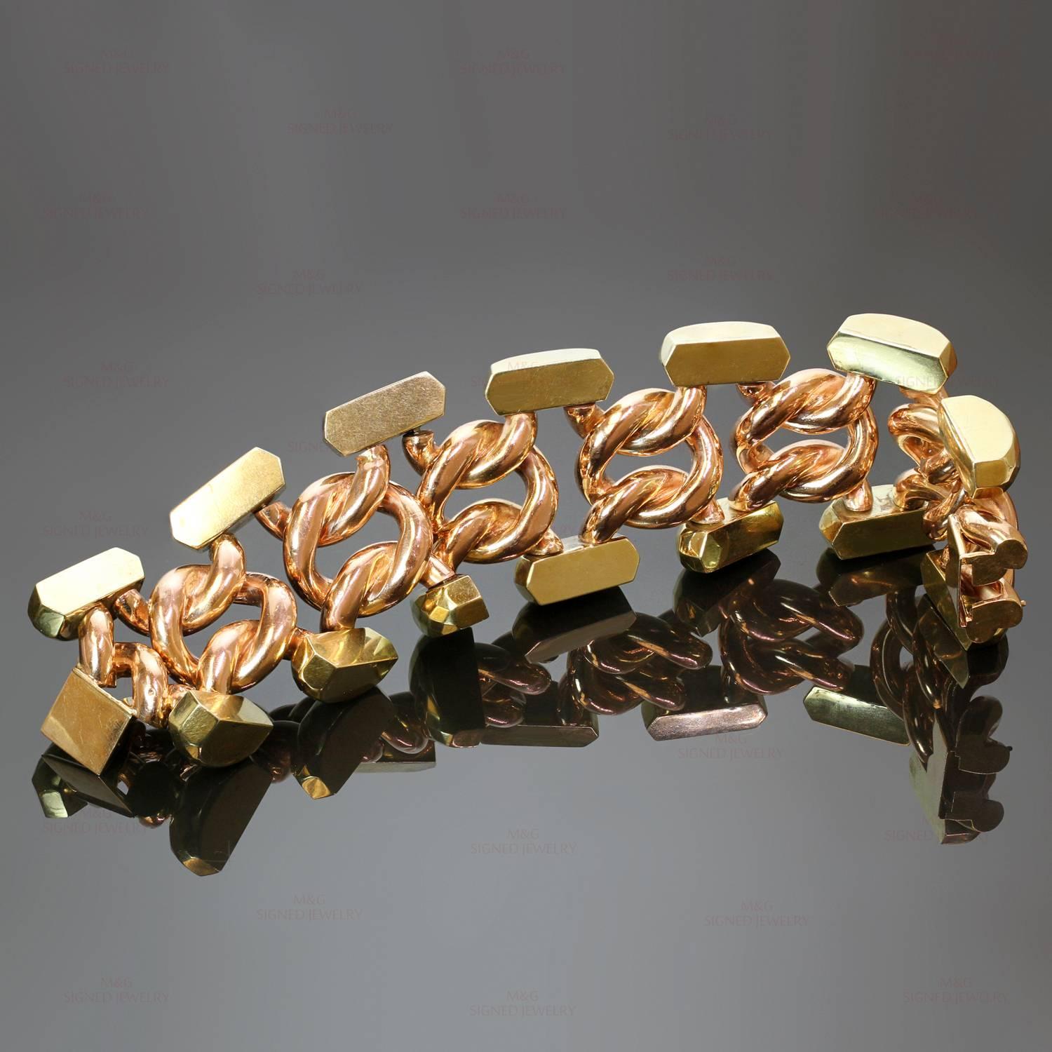 RETRO, 1940s Two Color Gold Large Link Bracelet For Sale 3