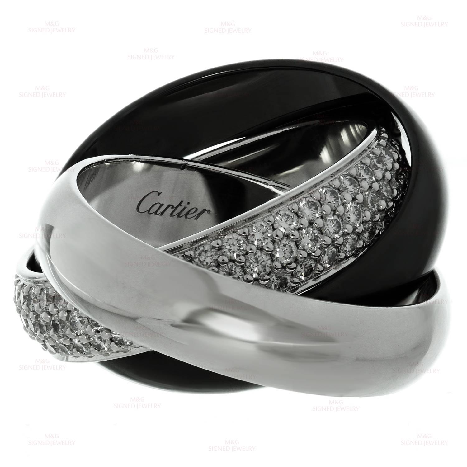 Cartier Trinity Large Black Ceramic Diamond Gold Ring In Excellent Condition In New York, NY