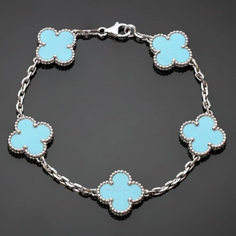 Van Cleef and Arpels Alhambra Natural Turquoise 5 Motif Bracelet at 1stDibs