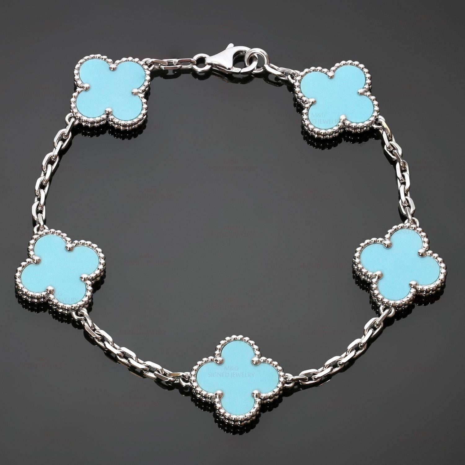 Van Cleef & Arpels Alhambra Natural Turquoise 5 Motif Bracelet  In Excellent Condition In New York, NY