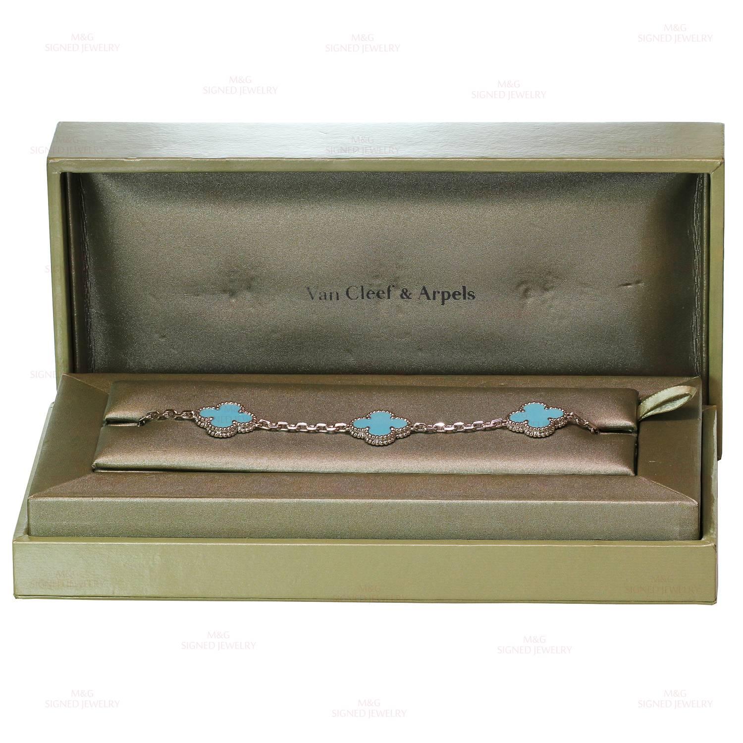 This vibrant Van Cleef & Arpels bracelet is crafted in 18k white gold and features 5 lucky clover motifs beautifully inlaid with natural blue turquoise in round bead settings. Made in France circa 2010s. Measurements: 0.59
