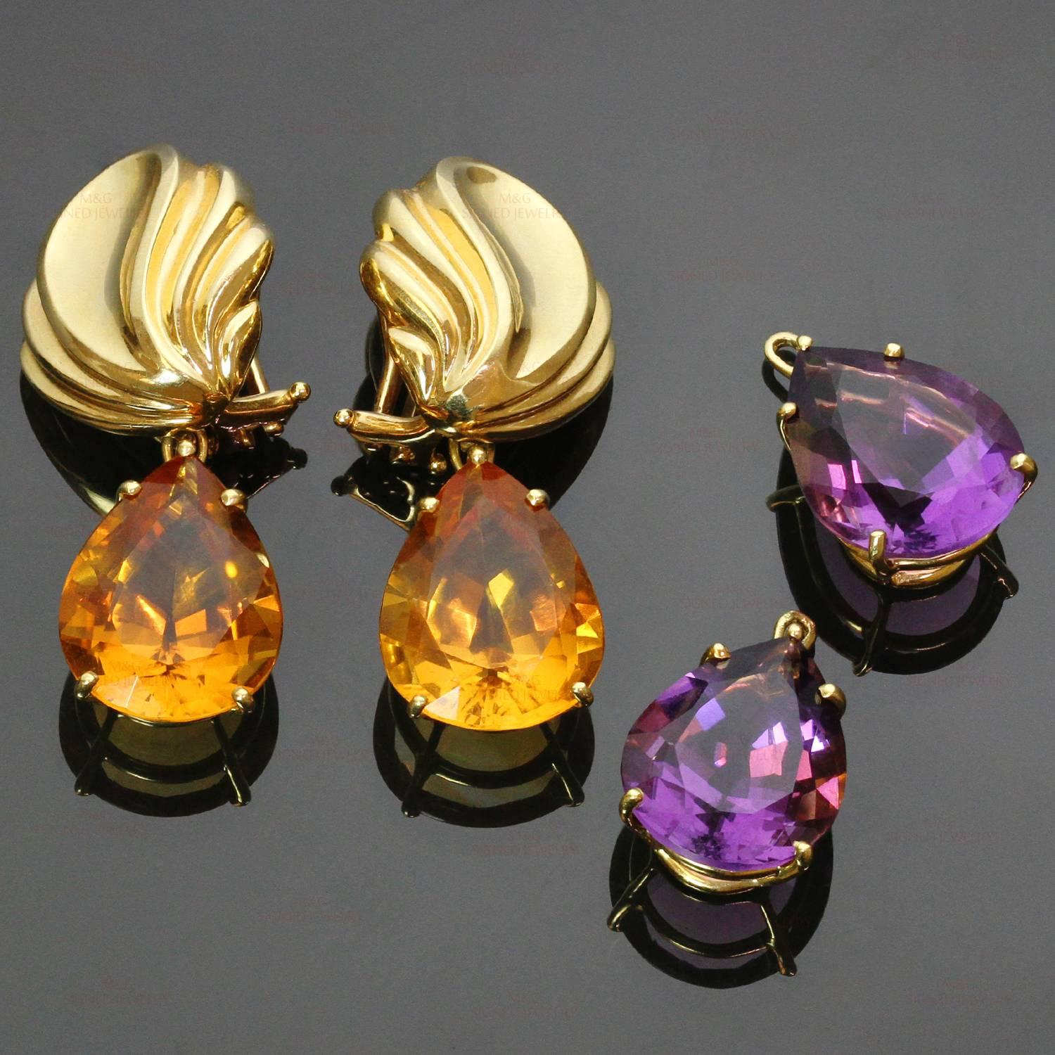 These stunning Tiffany earrings were designed by Paloma Picasso and feature removable gemstone drops for day and night looks. The clip-on earrings are crafted in 18k yellow gold and completed with faceted pear-shaped amethyst and citrine drops. Made