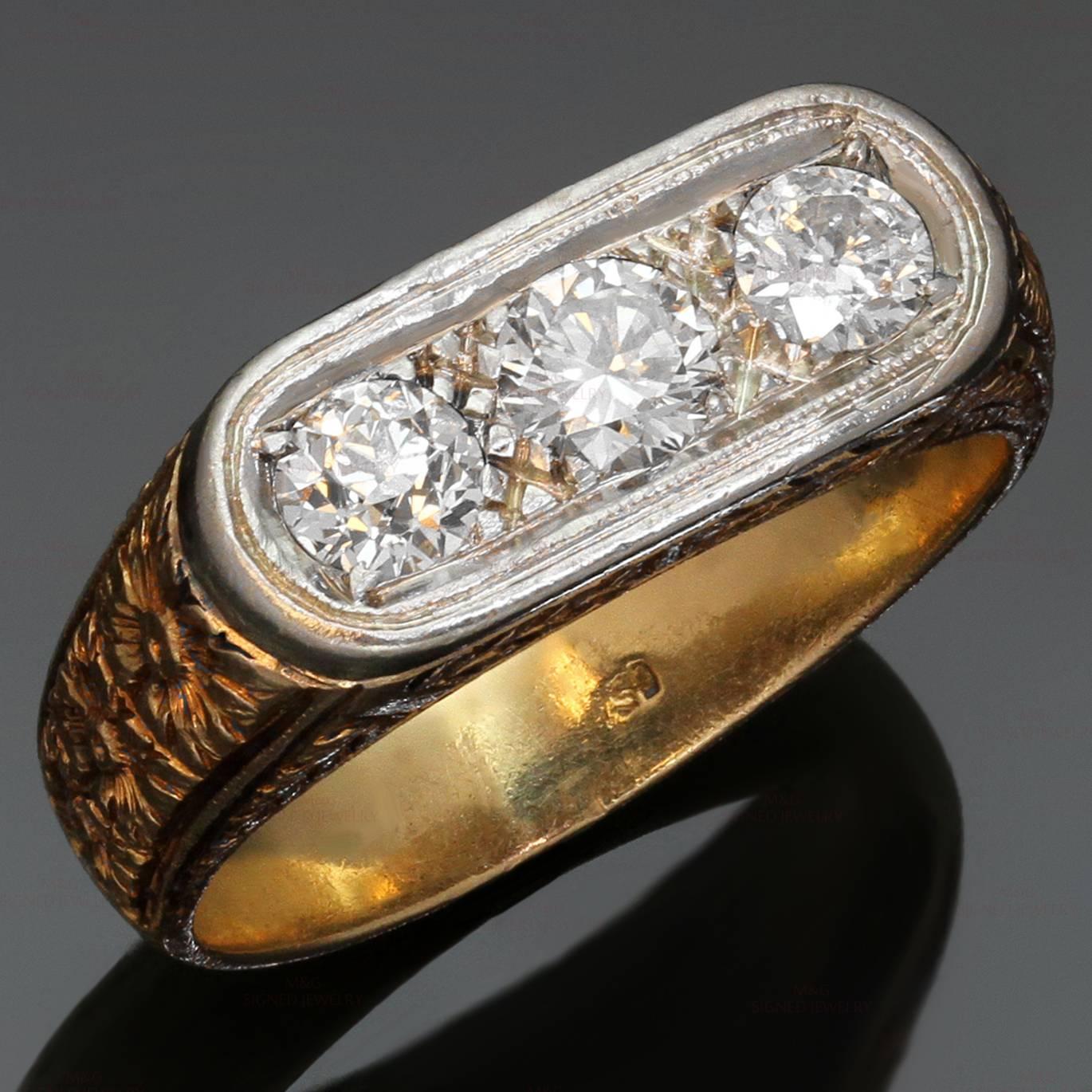 This antique circa 1940s mens ring features a floral filigree design hand-crafted in 18k rose gold and set with round brilliant-cut diamonds of an estimated 1.0 carats. Measurements: 0.31" (8mm) width. The ring size is 10.5 - EU 63.