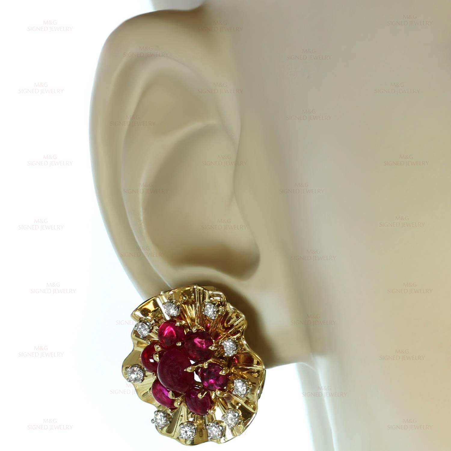 Women's 1940s Trabert & Hoeffer Mauboussin GiA Cert Ruby Diamond Gold Earrings 