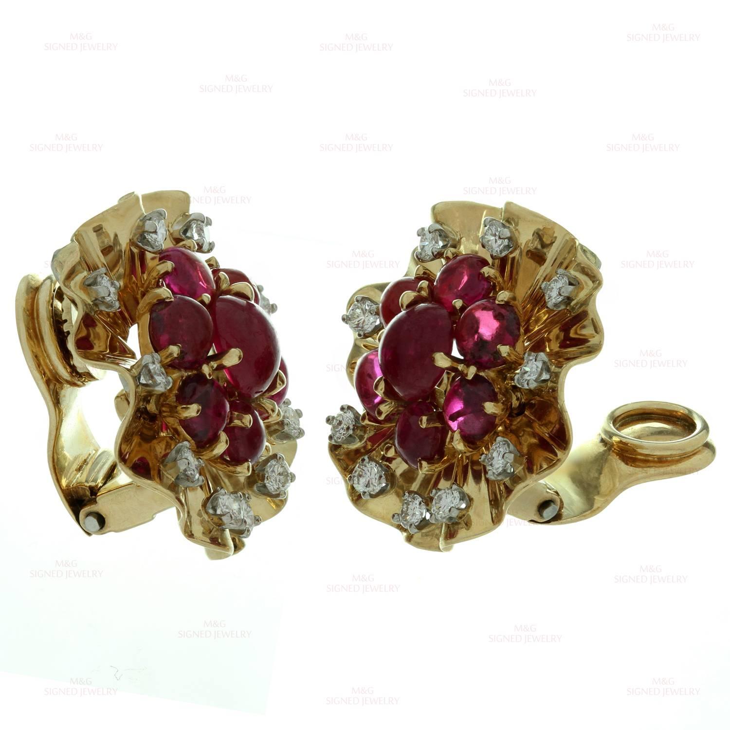 1940s Trabert & Hoeffer Mauboussin GiA Cert Ruby Diamond Gold Earrings  2