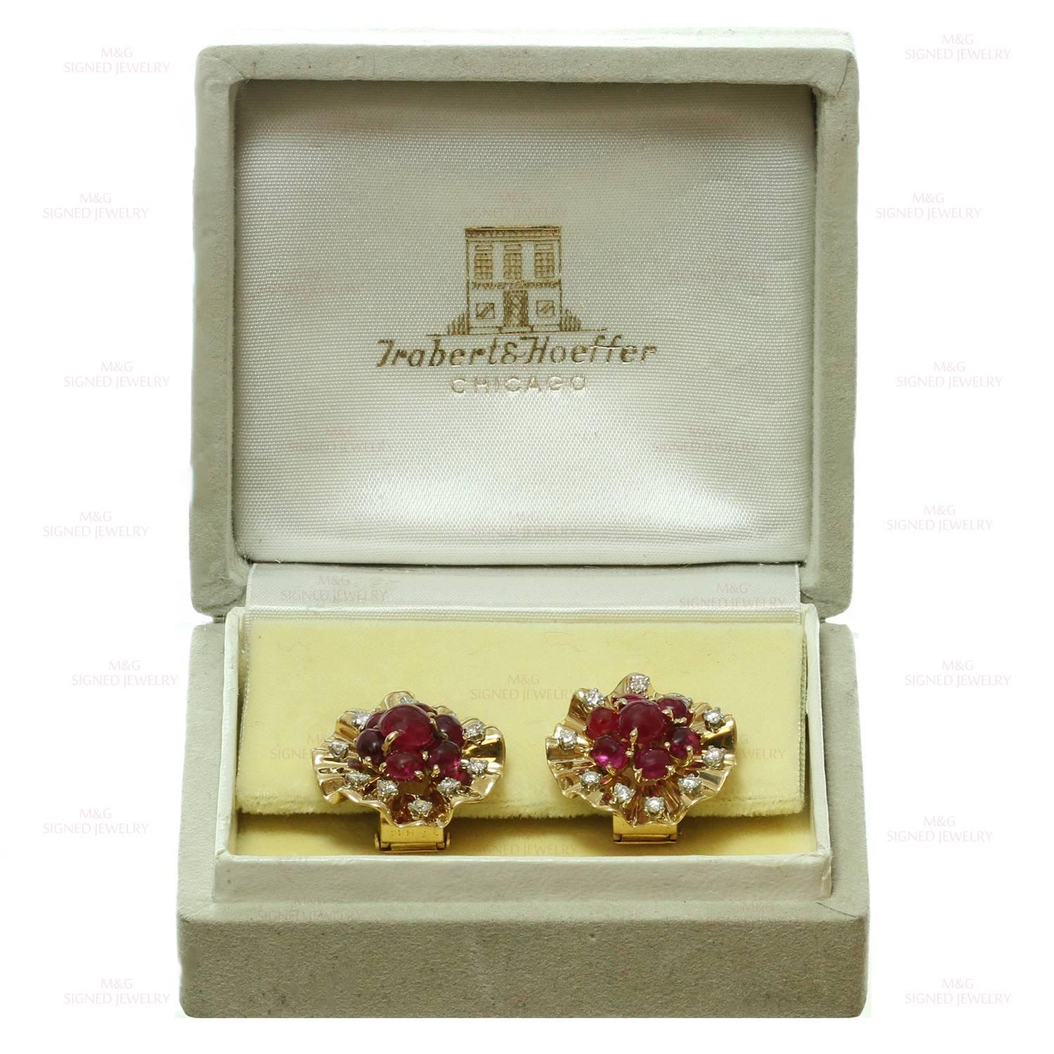 1940s Trabert & Hoeffer Mauboussin GiA Cert Ruby Diamond Gold Earrings  In Excellent Condition In New York, NY